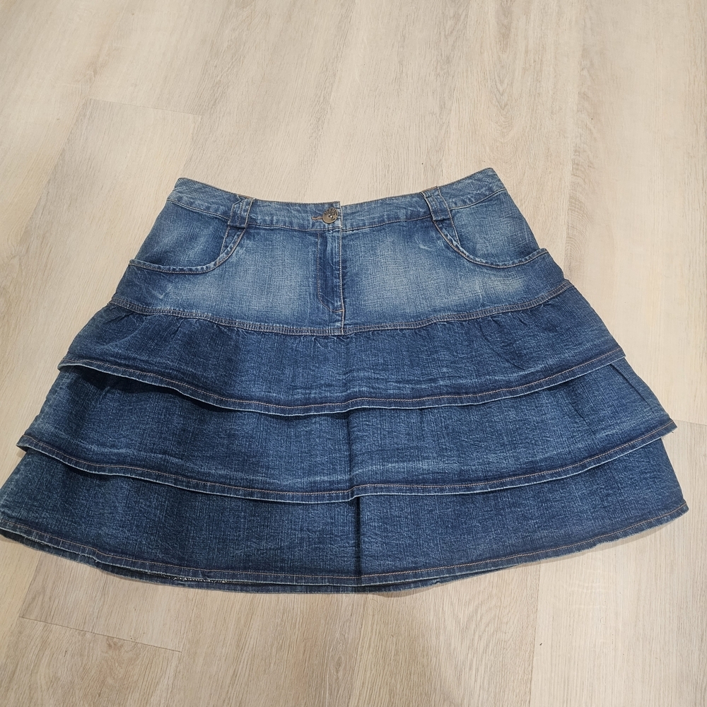 MXM Denim Tiered Ruffle Mini Skirt Size 14  Y2K Boho Festival Western